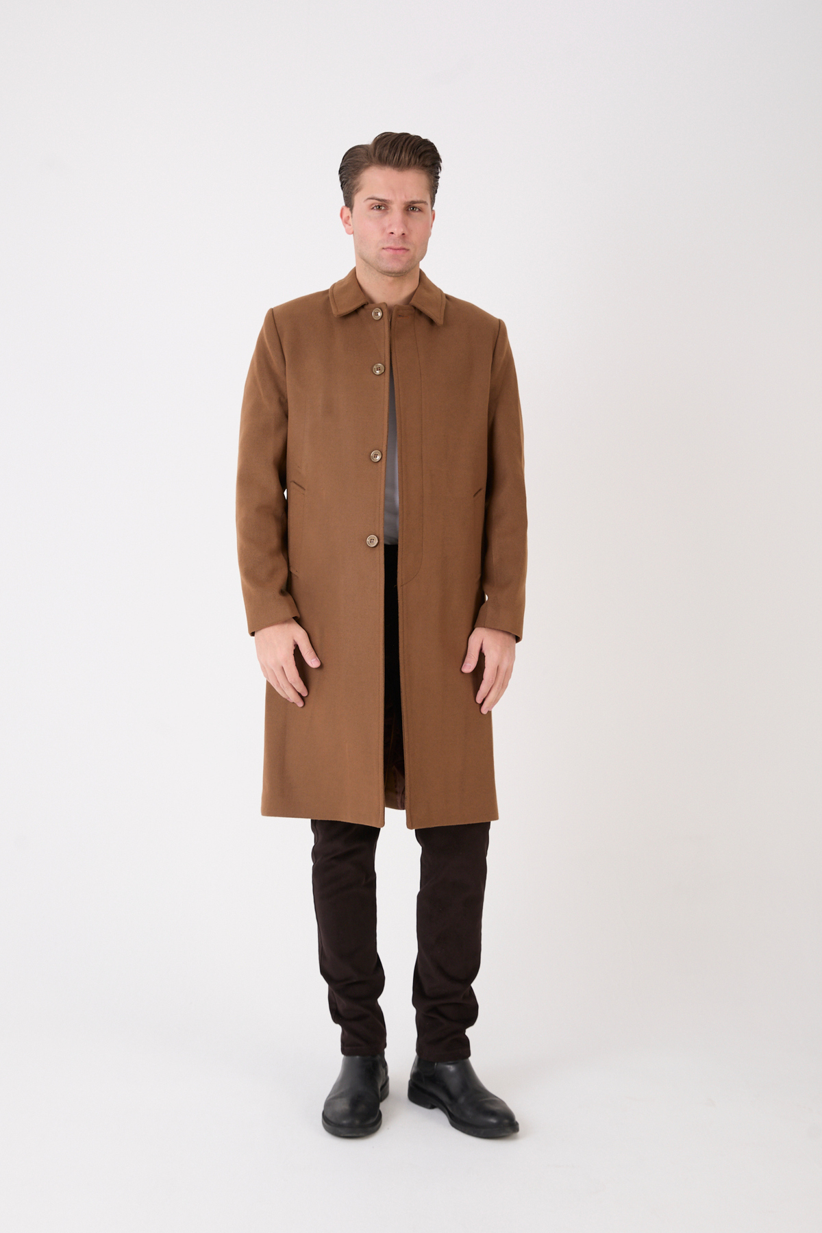 RUVEN TEKSTİL  Erkek Siyah Uzun Regular Fit Kaşe Kaban