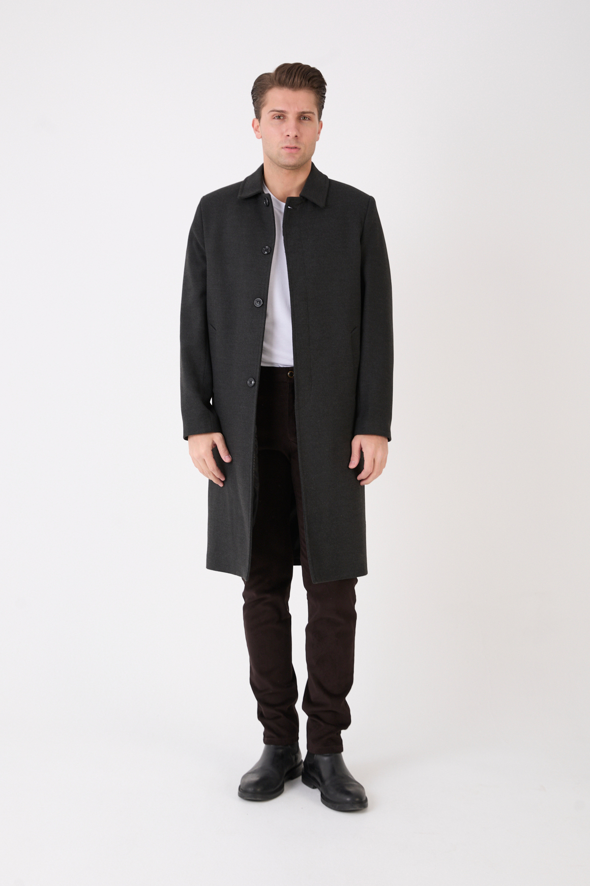 RUVEN TEKSTİL  Erkek Siyah Uzun Regular Fit Kaşe Kaban