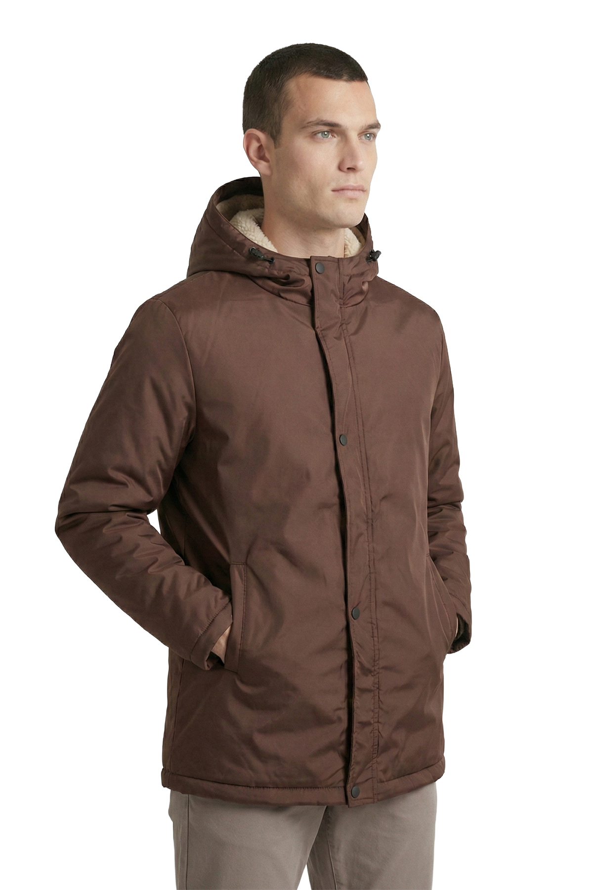 Erkek Kışlık Parka Sıcak Tutan Dolgu İçi Kürklü Su İtici Rüzgar Geçirmez Kapüşonlu Parka Mont — قهوه‌ای DP-160 — تصویر 2 از 7