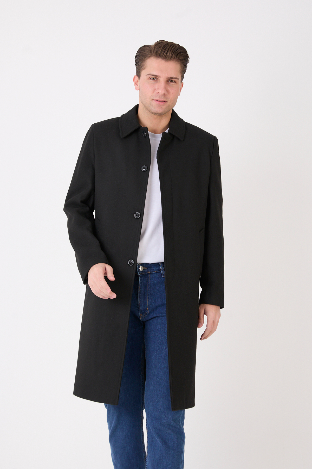 RUVEN TEKSTİL  Erkek Siyah Uzun Regular Fit Kaşe Kaban - Görsel 3