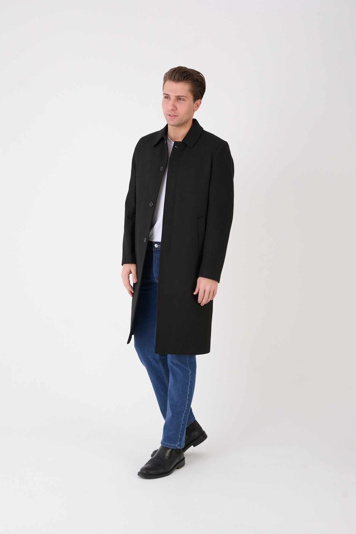 RUVEN TEKSTİL  Erkek Siyah Uzun Regular Fit Kaşe Kaban - Görsel 2