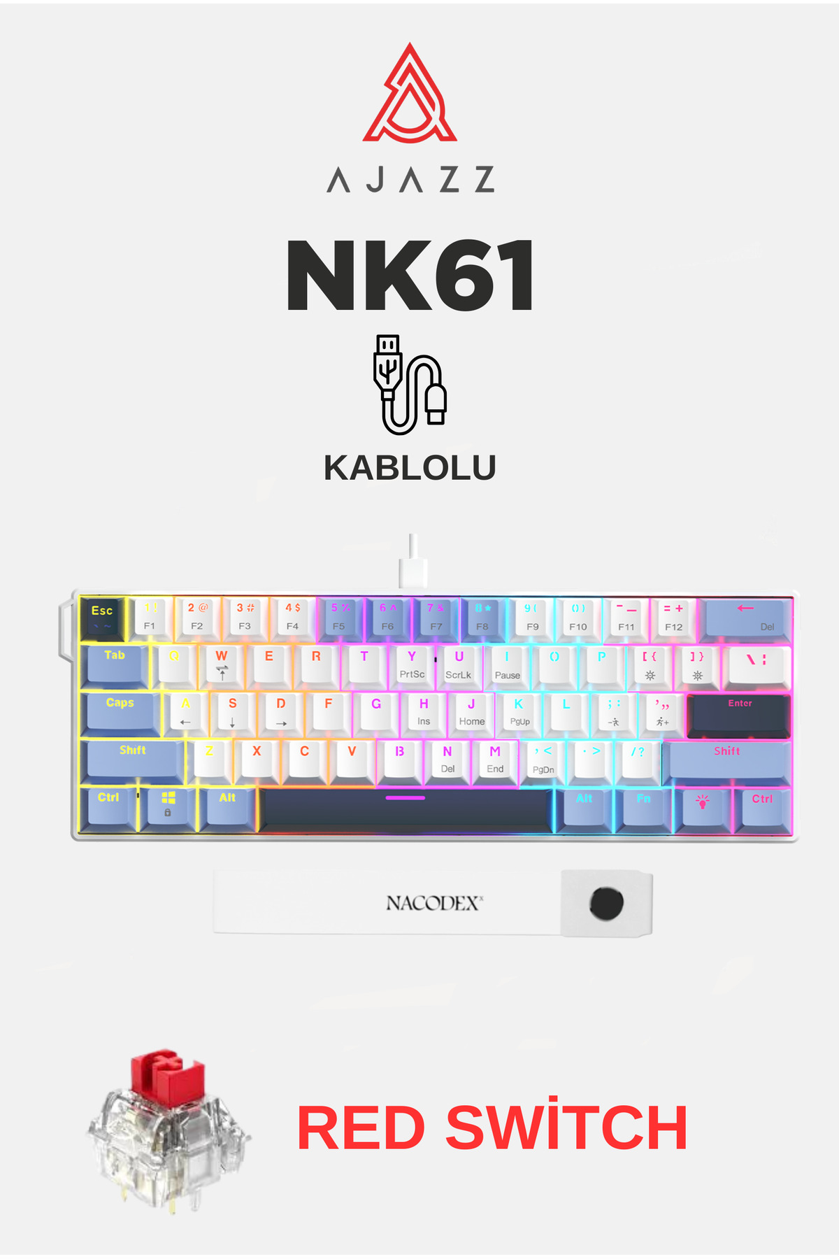 Ajazz NK61 Red Switch Kablolu Hot-Swap Klavye-Rainbow Aydınlatma