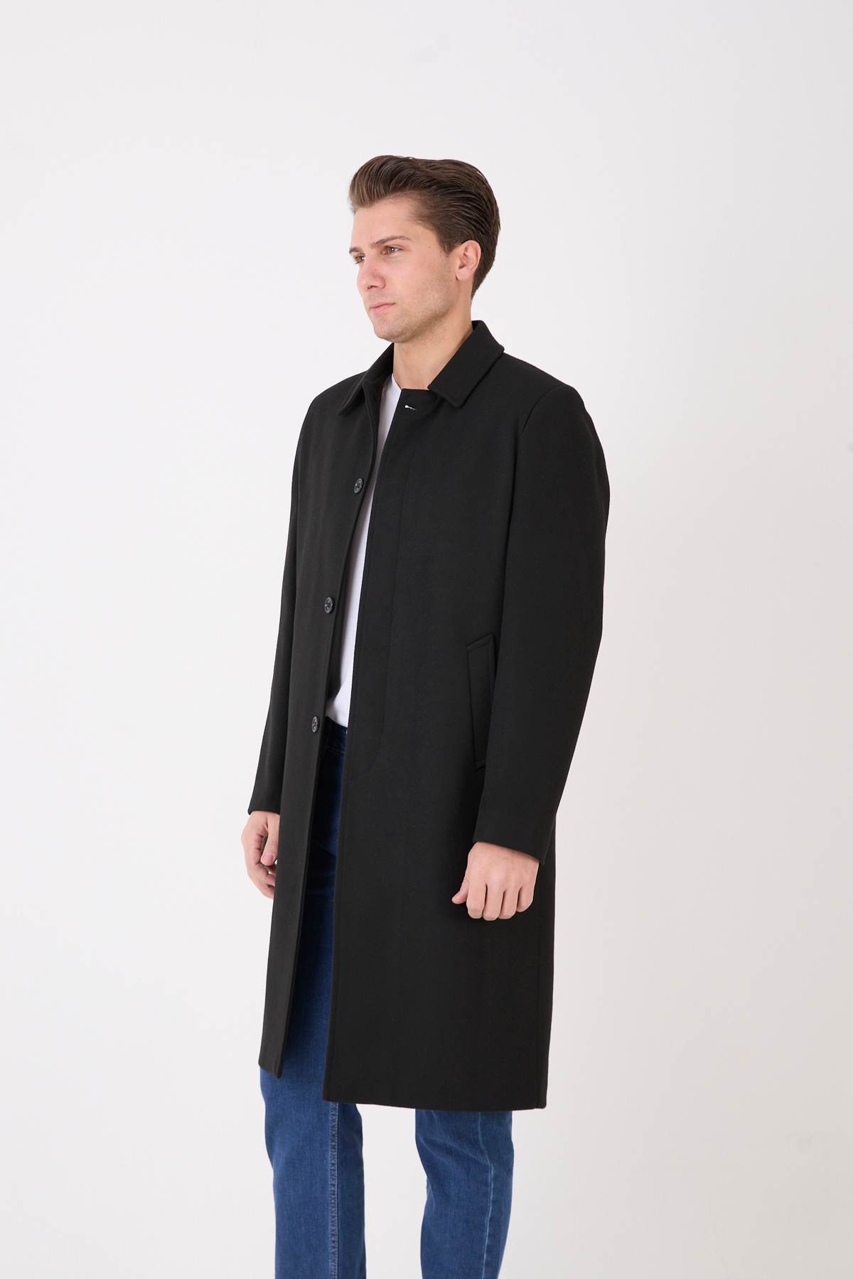 RUVEN TEKSTİL  Erkek Siyah Uzun Regular Fit Kaşe Kaban - Görsel 4