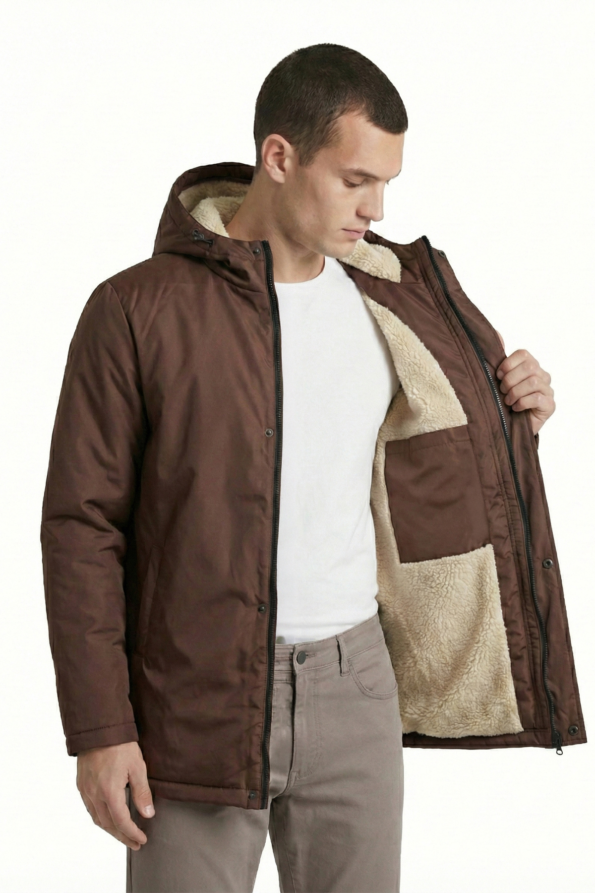 Erkek Kışlık Parka Sıcak Tutan Dolgu İçi Kürklü Su İtici Rüzgar Geçirmez Kapüşonlu Parka Mont — قهوه‌ای DP-160 — تصویر 3 از 7