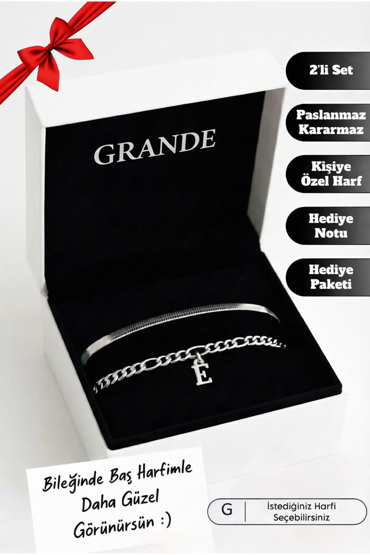 GrandeAccessory Harfli Paslanmaz Kararmaz Çelik Bileklik (1 Adet Harfli 1 Adet Harfsiz Bileklik)