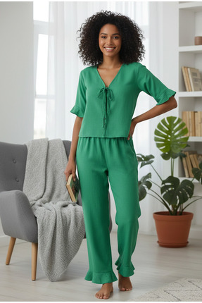 YusGos Kadın Volanlı Kol ve Paça Detaylı Önü Bağcıklı Bambu Keten Pijama Takımı