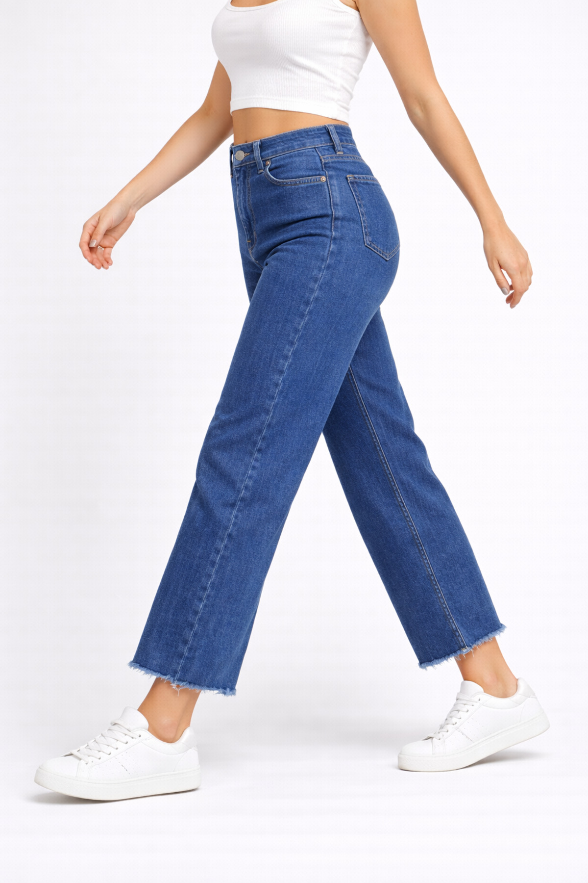 Lighter Jeans  Kadın Orta Mavi Likralı Geniş Paça Jean Pantolon – Salaş Kesim, Bilek Boy, Kesik Paça Günlük Denim - Görsel 4