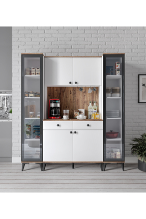 Afilli Lucia Camlı 6 Kapaklı 2 Çekmeceli Kahve Köşeşi Beyaz Tamamı MDF 180 cm