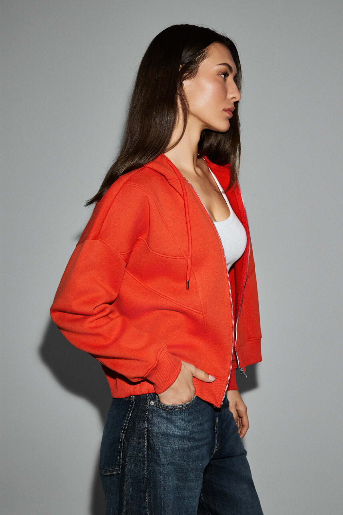 GRIMELANGE VYSELLE Kadın Önü Kesikli Metal Fermuarlı Kapüşonlu Etiket Detaylı Oversize Kırmızı Sweatshirt görsel 5