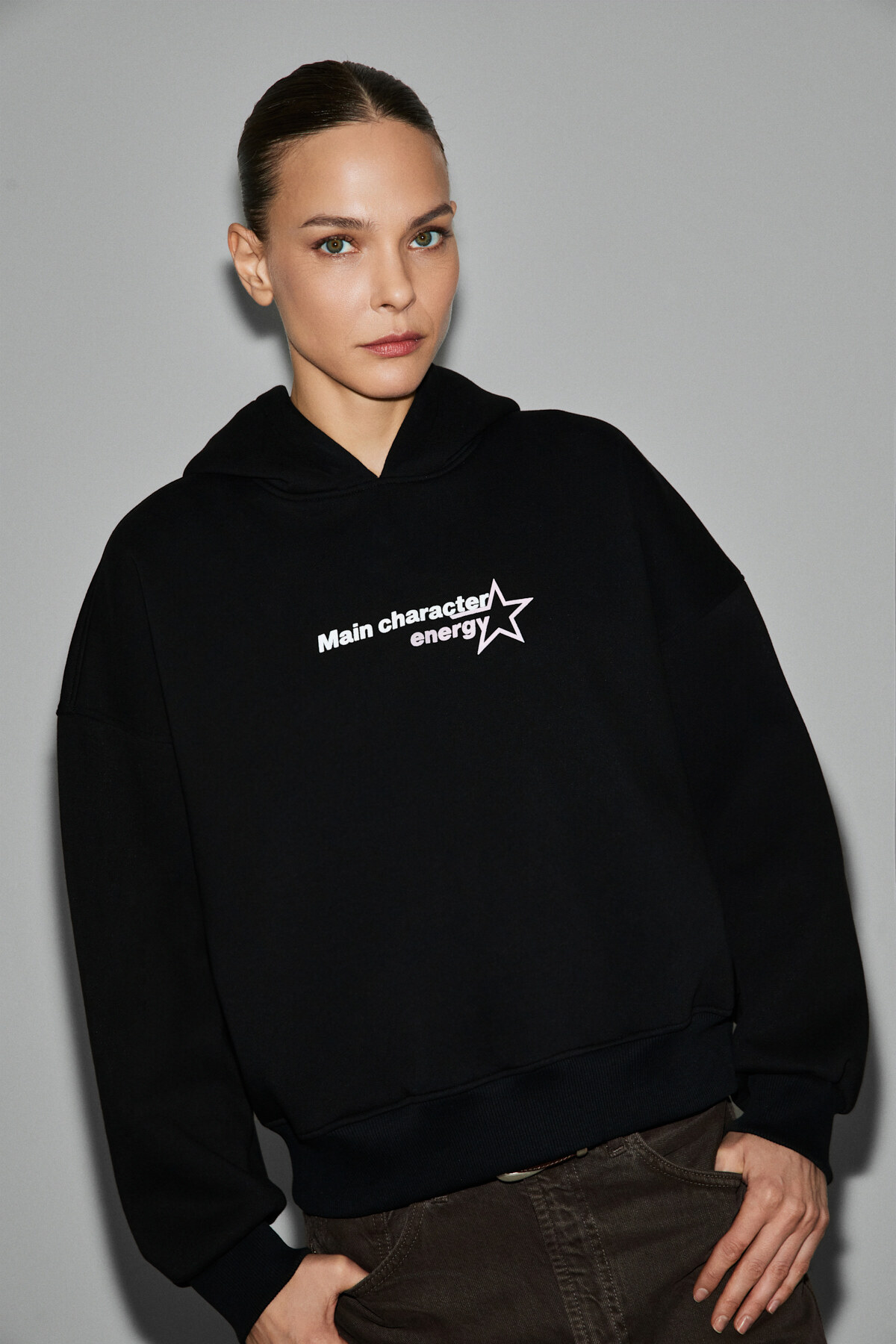 GRIMELANGE TERALY Kadın Organik Pamuklu Polarlı Kumaşlı Baskı Detaylı Siyah Sweatshirt görsel 5
