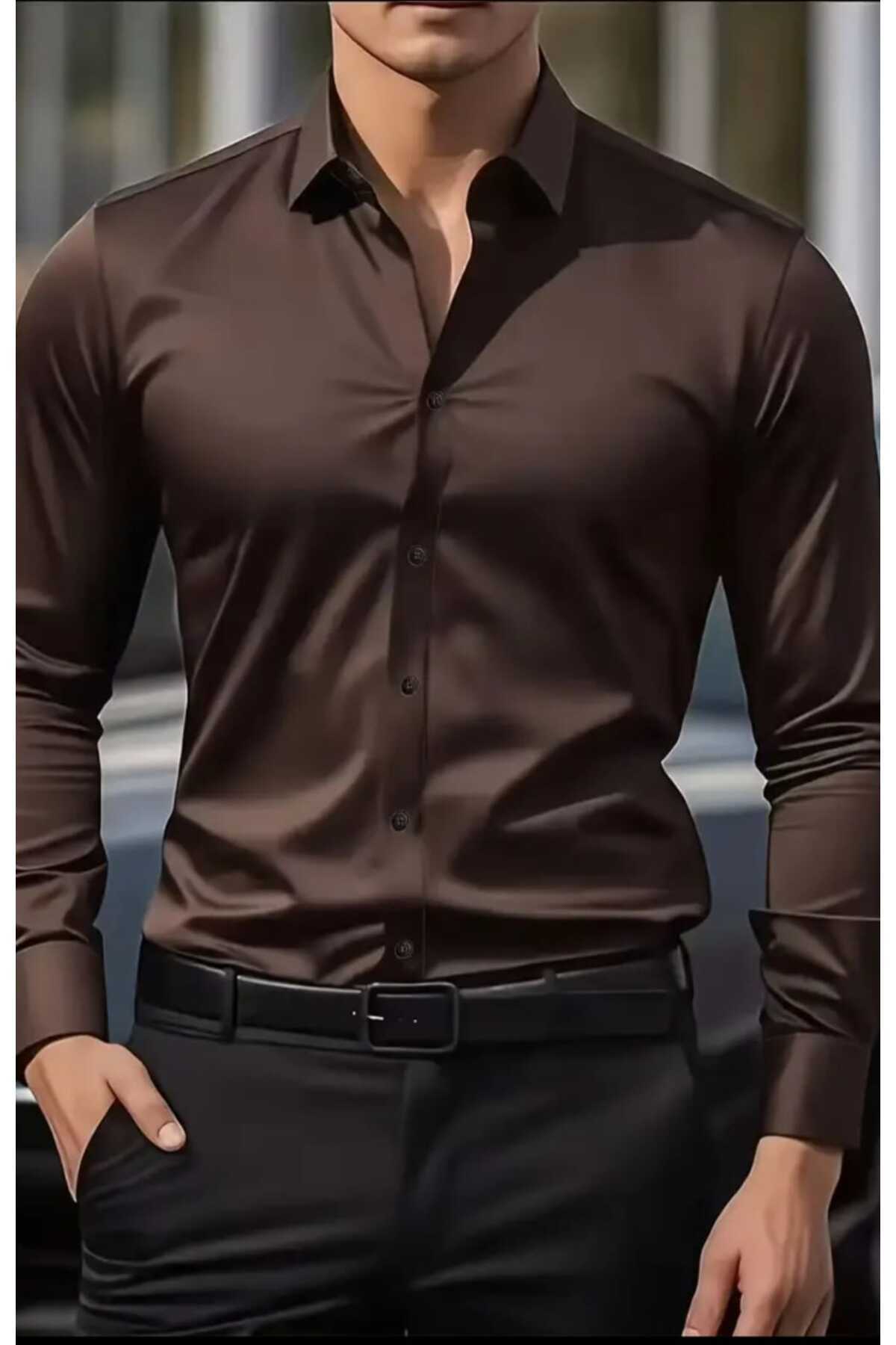 vahik  Acı Kahve Pamuklu Saten Fit Kesim Gömlek - Görsel 2