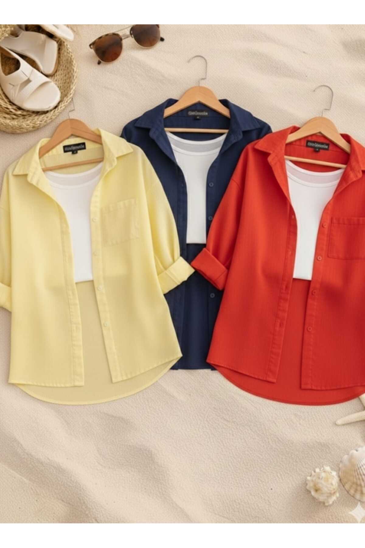 blackbonds  3 lü sarı lacivert kırmızı Oversize Keten Dokulu %100 Pamuk Tek Cepli Salaş Gömlek