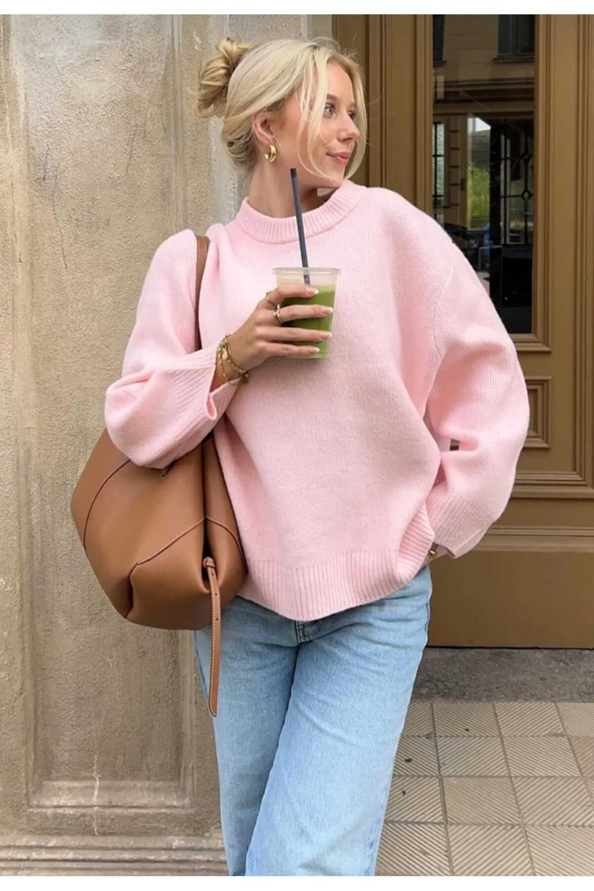 LUVON Γυναικείο πουλόβερ Pink Crew Neck Oversize Knitwear