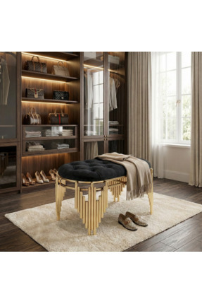 lowena home ULTRA LAK GOLD KAPLAMA METAL AYAKLI SİYAH BABY FACE KUMAŞLI PUF