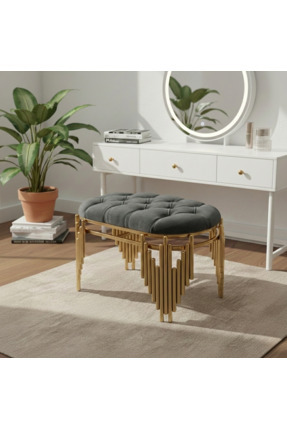 lowena home Ultra Lak Gold Kaplama Metal Ayaklı Antrasit Baby Face Kumaşlı Puf