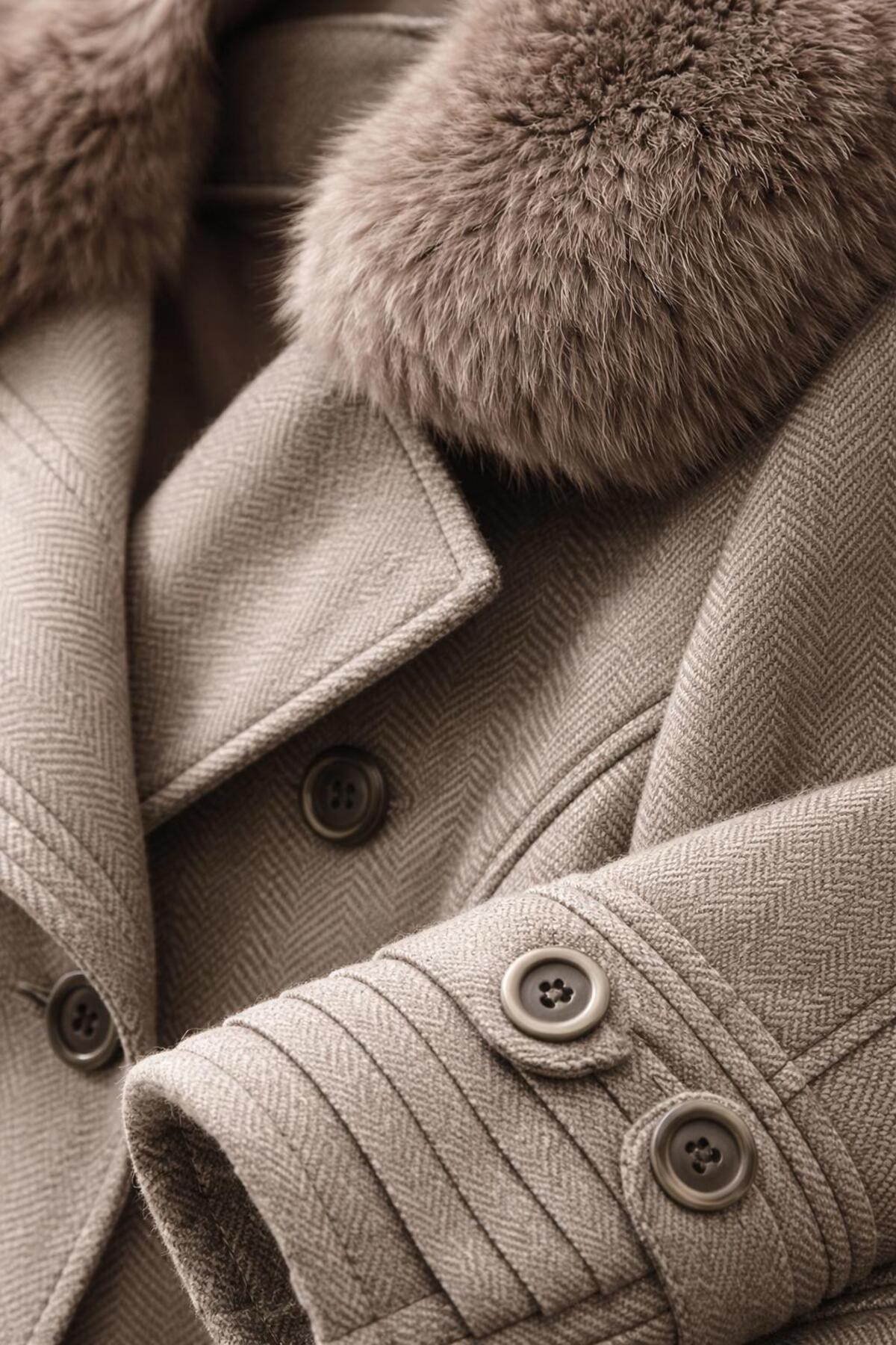 ESİN GİYİM  Kürk Yakalı Kruvaze Kaşe Ara Boy Kaban - Old Money Tarz - Görsel 2