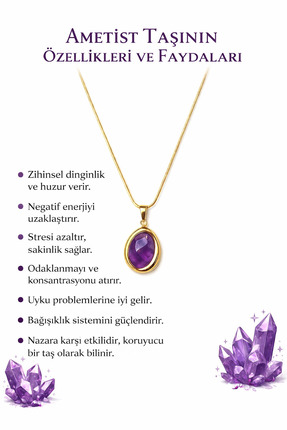 Solare Accessories Ametist Doğal Taşlı Altın Kaplama Detaylı Çelik Kolye