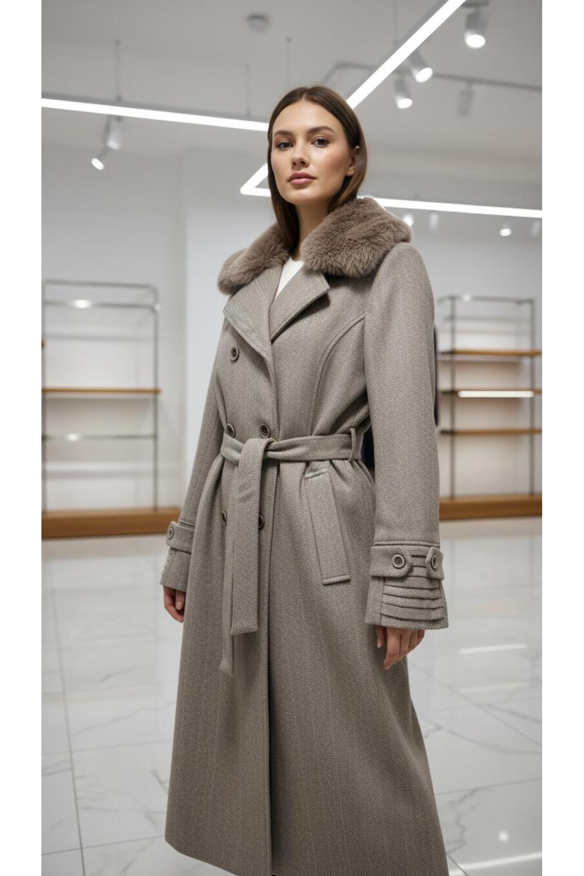 ESİN GİYİM  Kürk Yakalı Kruvaze Kaşe Ara Boy Kaban - Old Money Tarz - Görsel 4