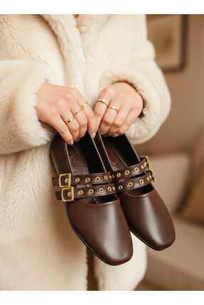 Klay Shoes Kadın Çift Bantlı Tokalı Şık Babet Günlük Ayakkabı