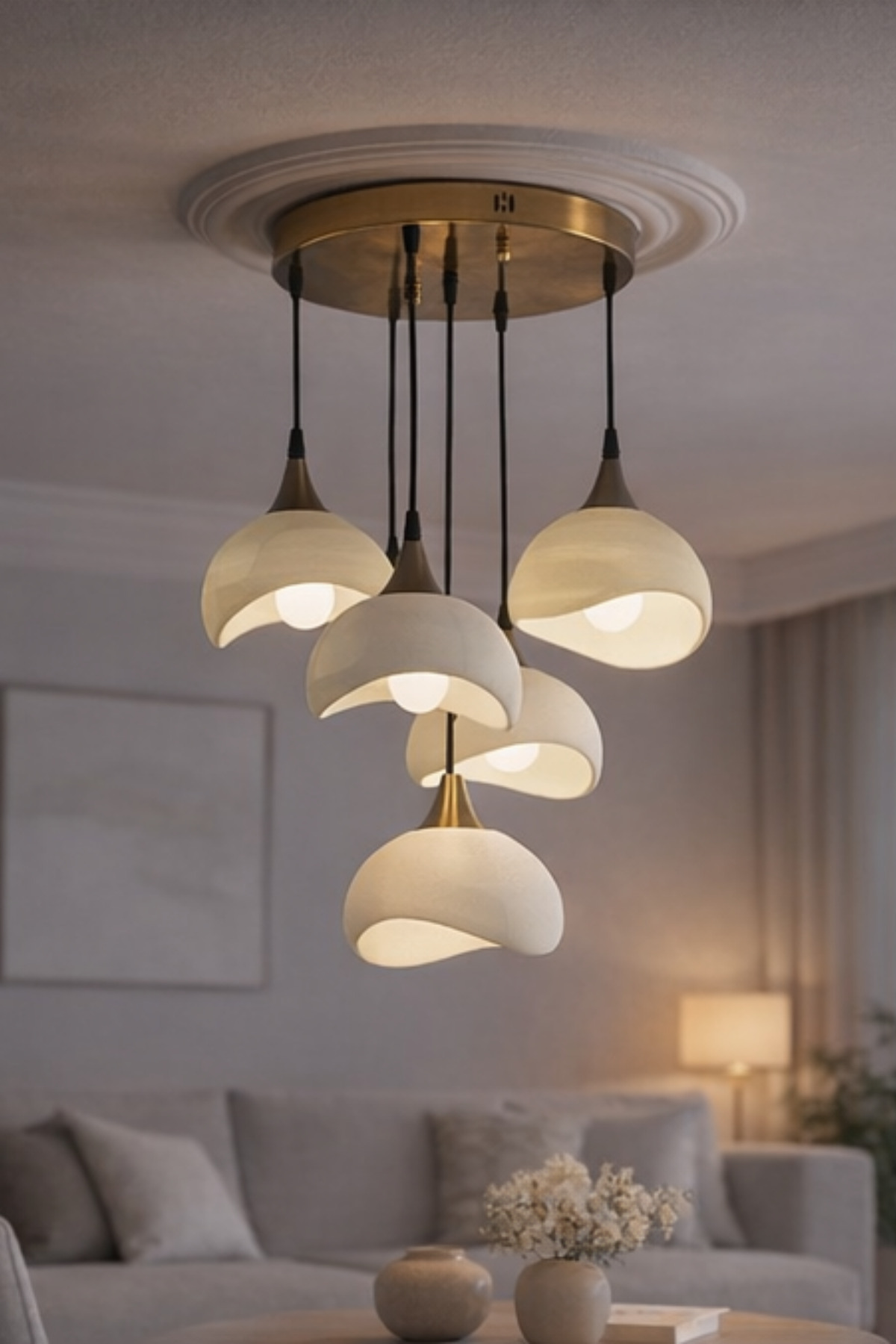 5-Piece Pendant Rustic E27 Modern Chandelier Bohemian Concrete Appearance (3 WHITE LED LIGHT BULBS ARE A GIFT!)