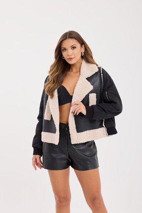 yor garment Kadın Kürk Detaylı Oversize Deri Bomber Ceket