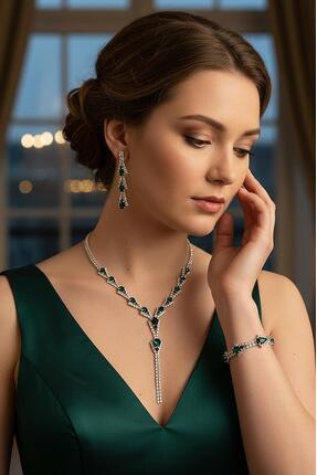 Valmont Yeşil Damla Taşlı Taşlı 3’lü Kolye, Küpe ve Bileklik Seti - Düğün, Kı...