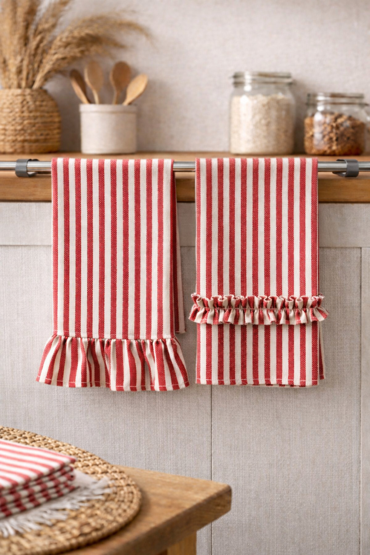 Cotton Linen Ruffle Kitchen Towel 2-Piece Set 35x55 cm Natural Drying Cloth