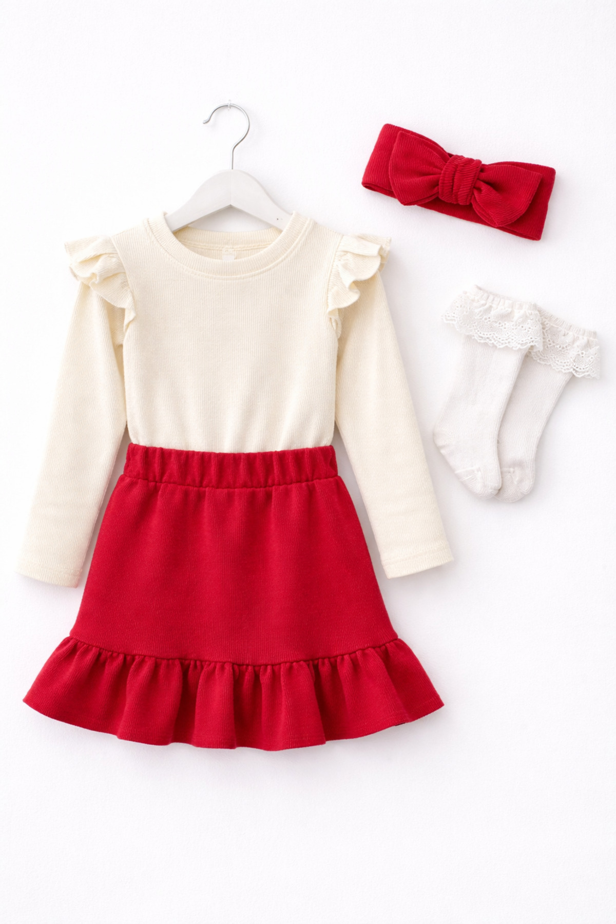 Girls Cream Long Sleeve Frilly Waistband Red Skirt Red Lace Socks and Bandana Set