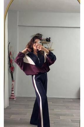 Derya Akyol Yarım Fermuarlı Bordo, Lacivert ve Krem Modal Kumaş Eşofman Takımı