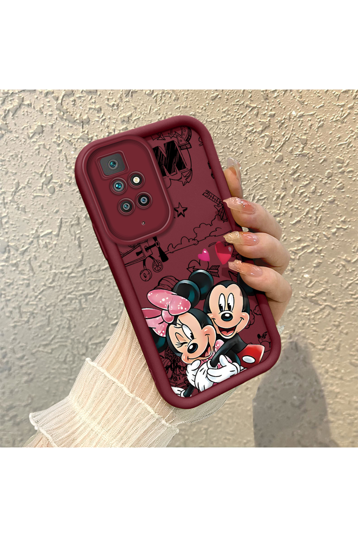 Redmi 10 2022 Compatible Impact Protection Lens Protection Claret Red Silicone Case Mickey Mouse Pattern