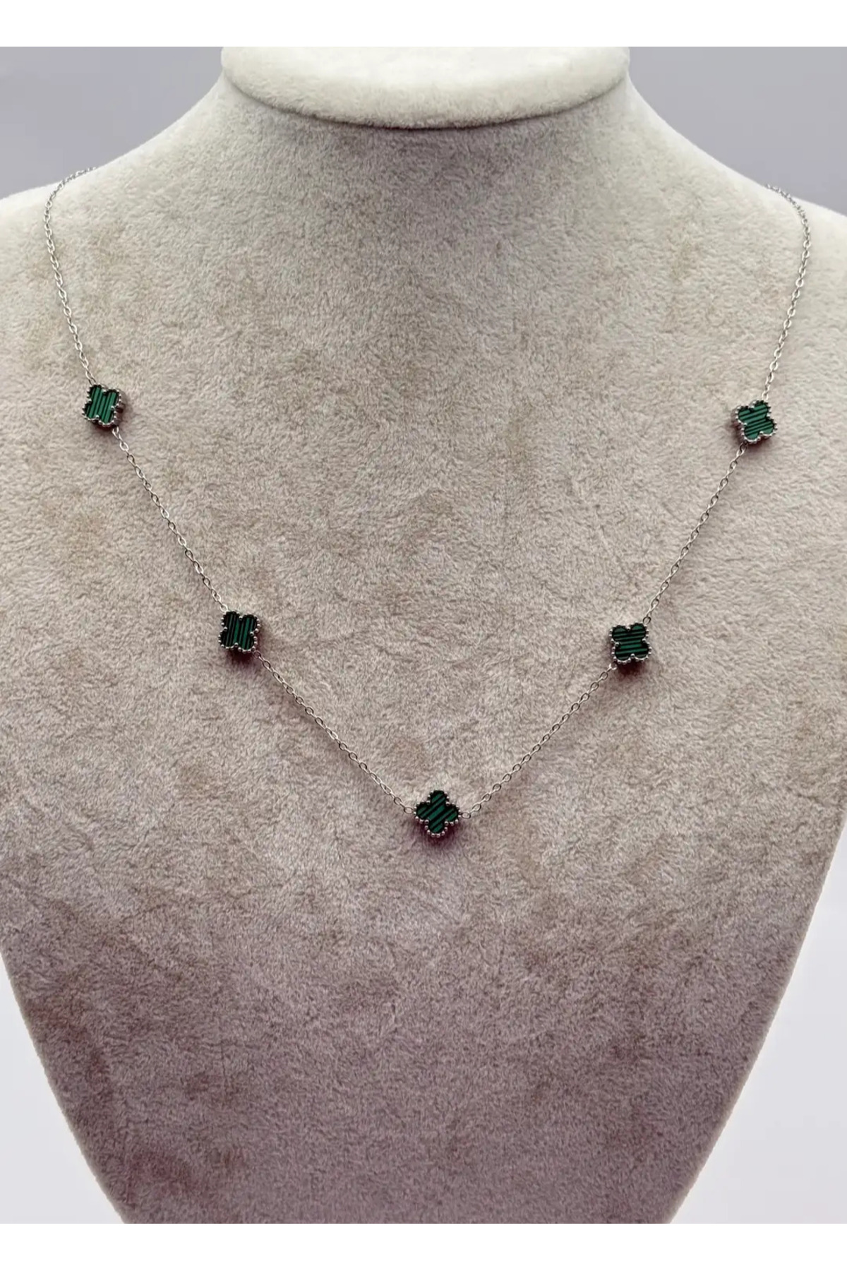 BİJU YILMAZ Steel Silver Green Patterned Clover Necklace - 25