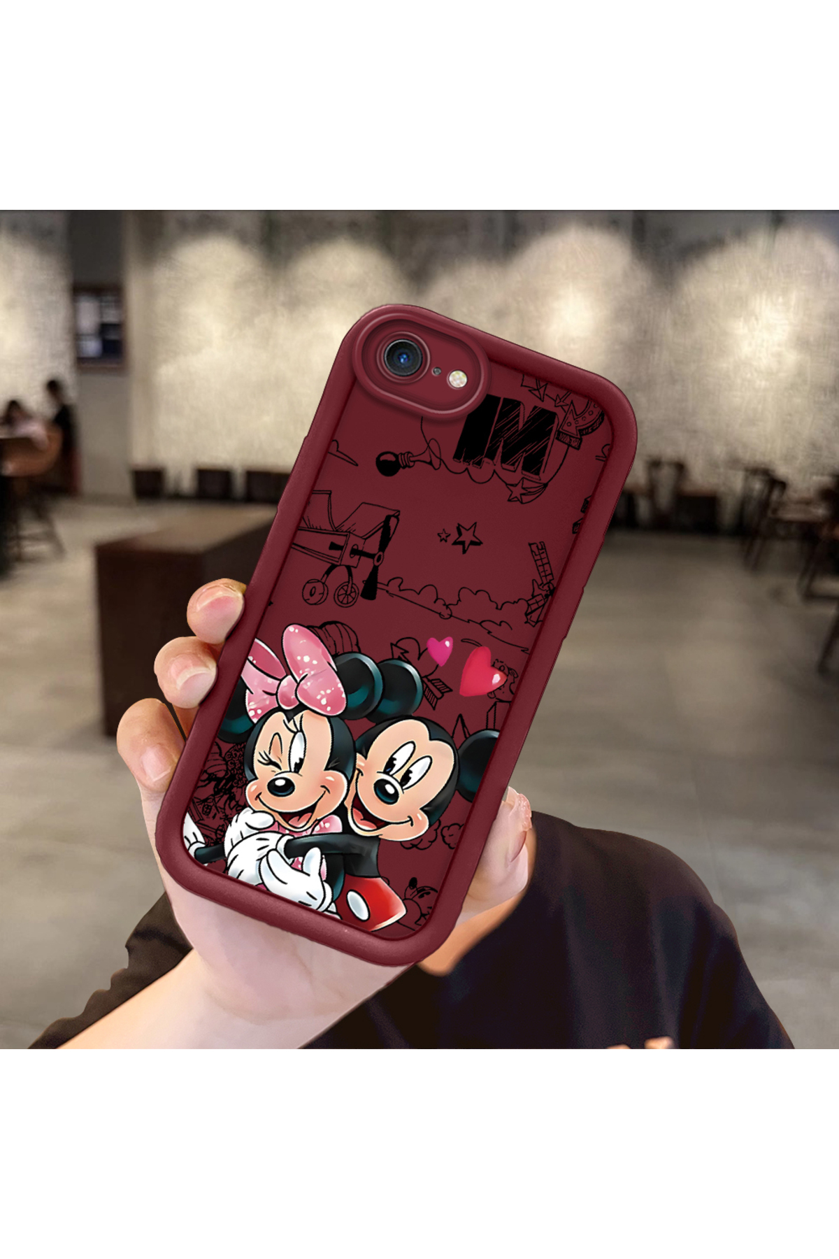 iPhone 7/8/SE 2020 2022 Compatible Impact Protection Lens Protection Claret Red Silicone Case Mickey Mouse Pattern