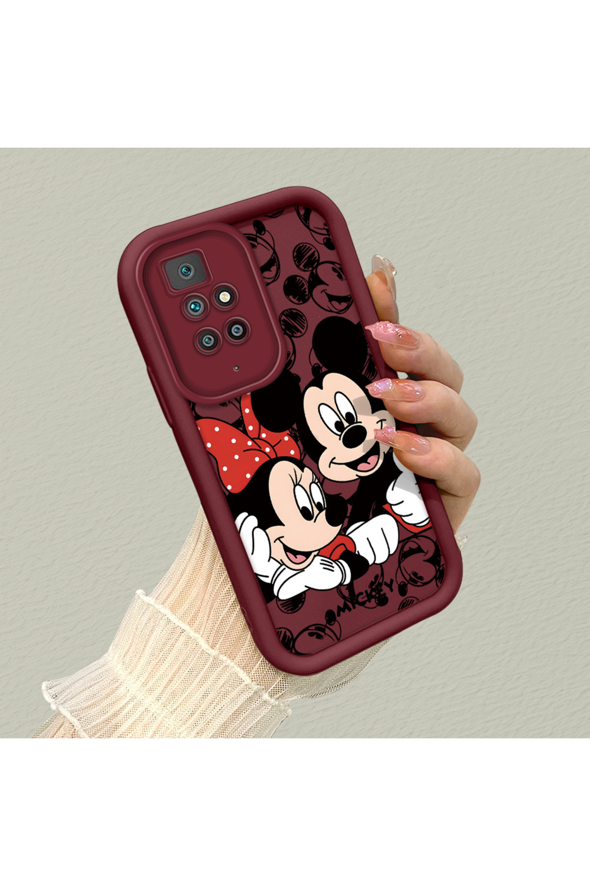 Redmi 10 2022 Compatible Impact Protection Lens Protection Claret Red Silicone Case Mickey Mouse Pattern