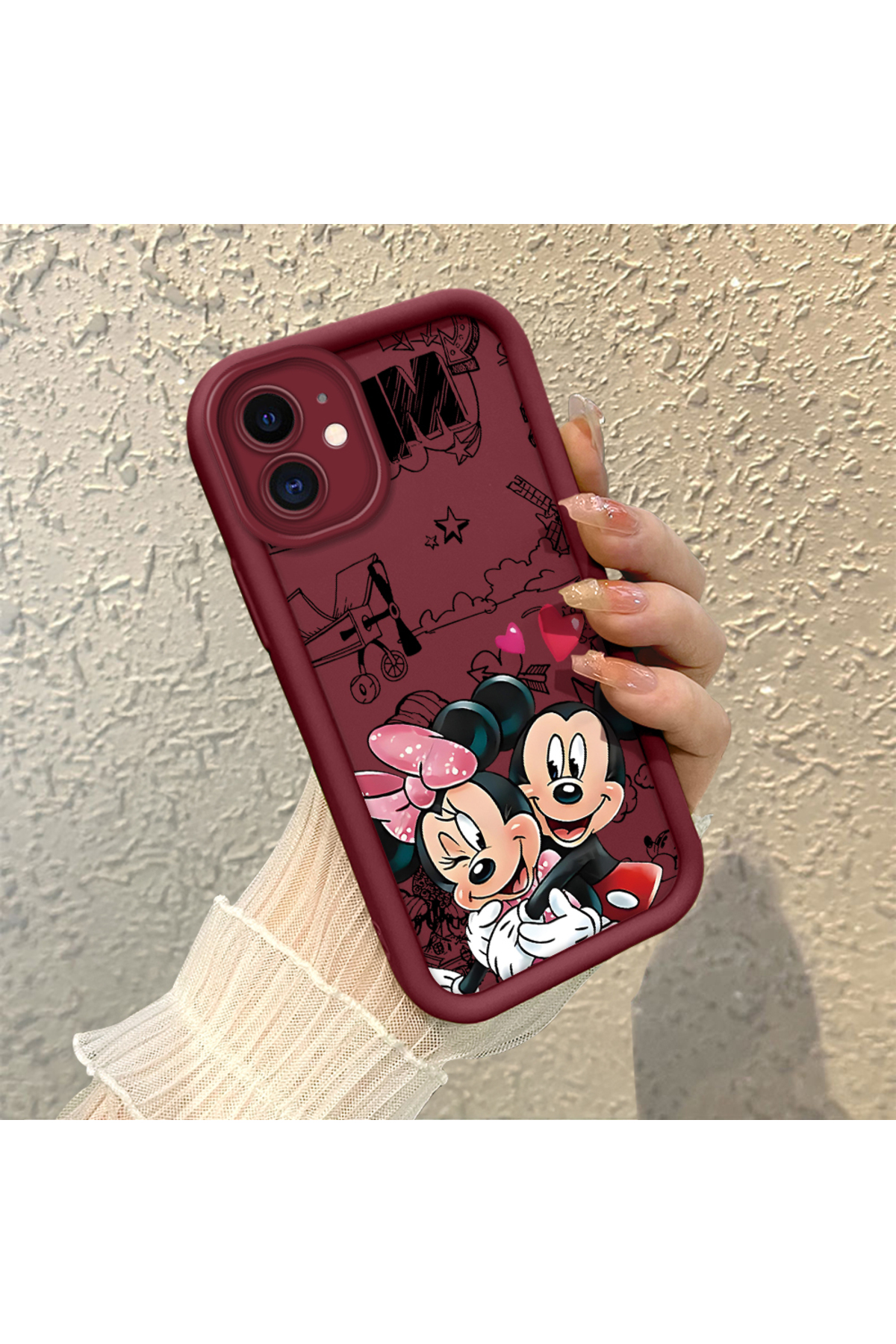 iPhone 12 Compatible Impact Protection Lens Protection Claret Red Silicone Case Mickey Mouse Pattern