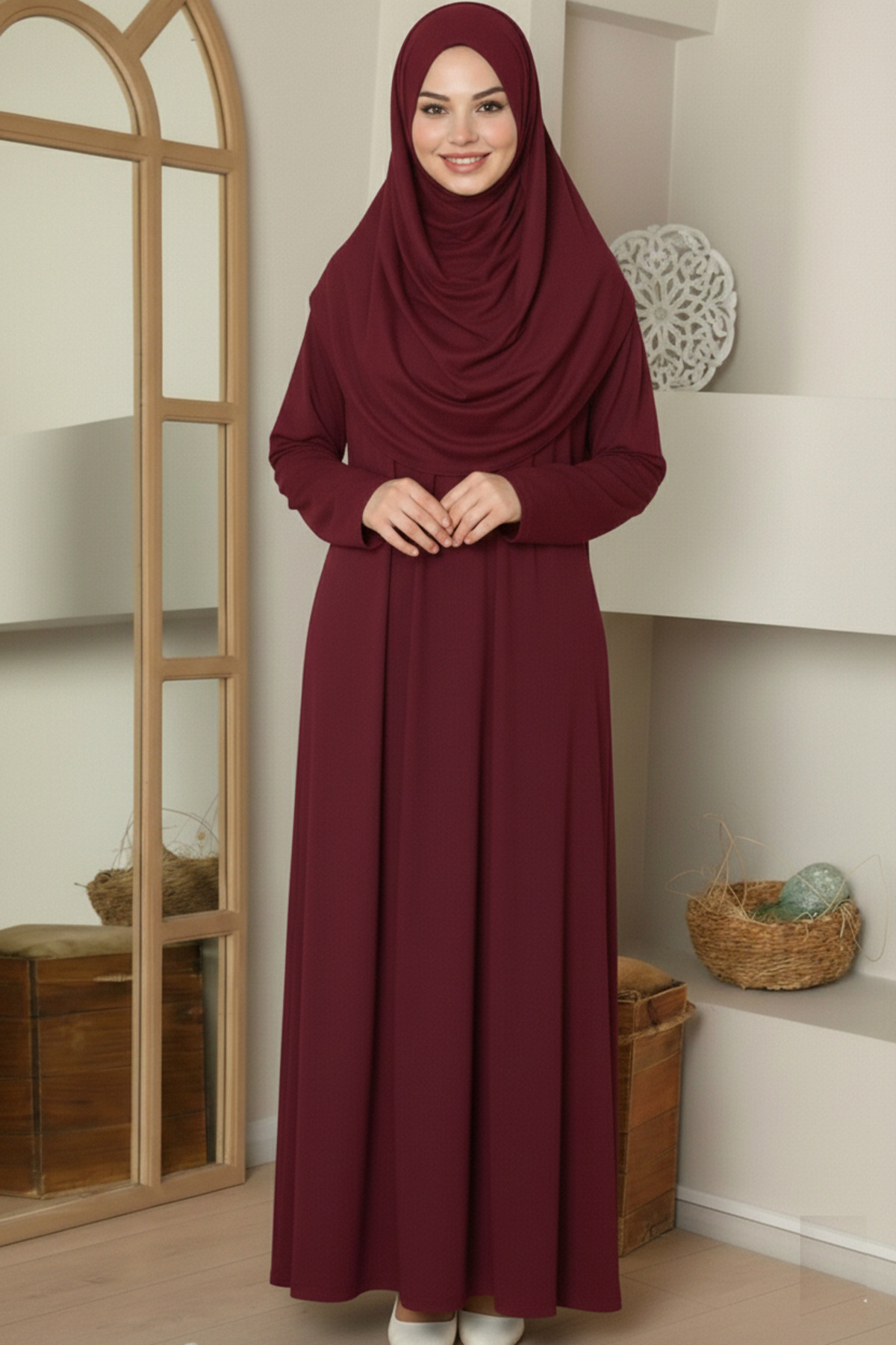 unika boutique Tek Parça Boydan Namaz Elbisesi Bordo