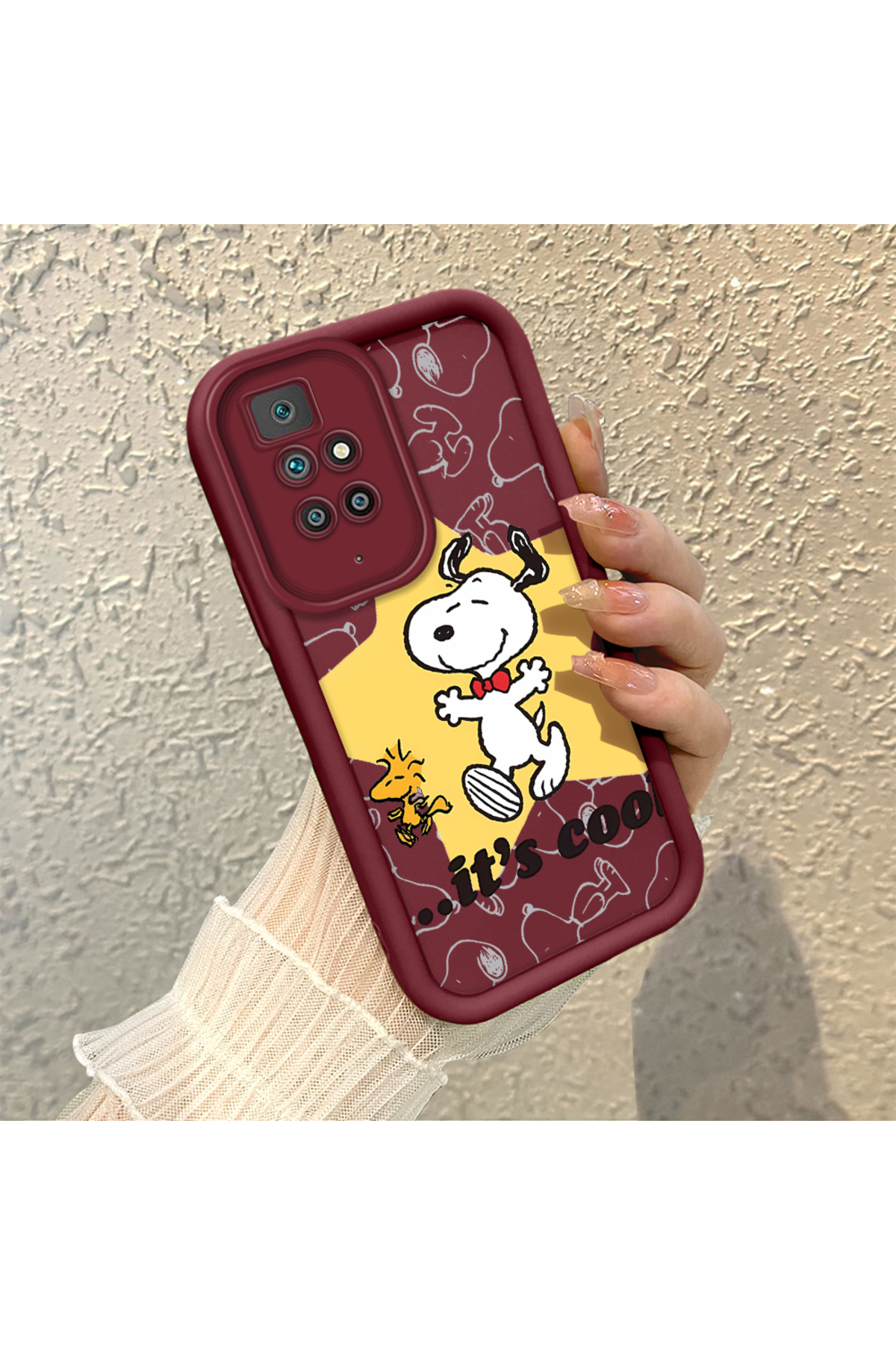 Redmi 10 2022 Compatible Impact Protection Lens Protection Claret Red Silicone Case Cute Snoopy Pattern