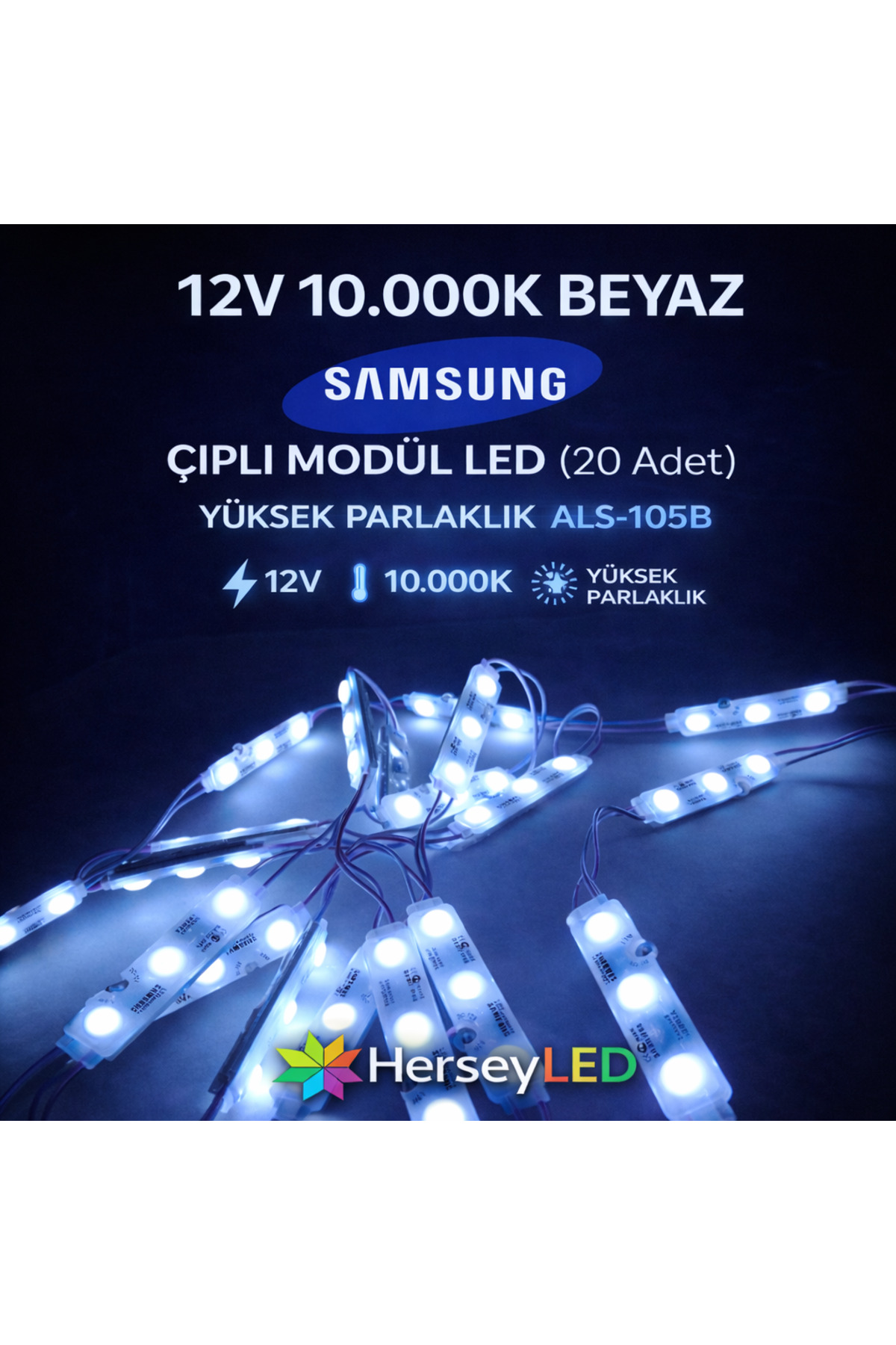 Samsung 12V 10.000K Beyaz Çipli Modül LED – 20 li Paket, Yüksek