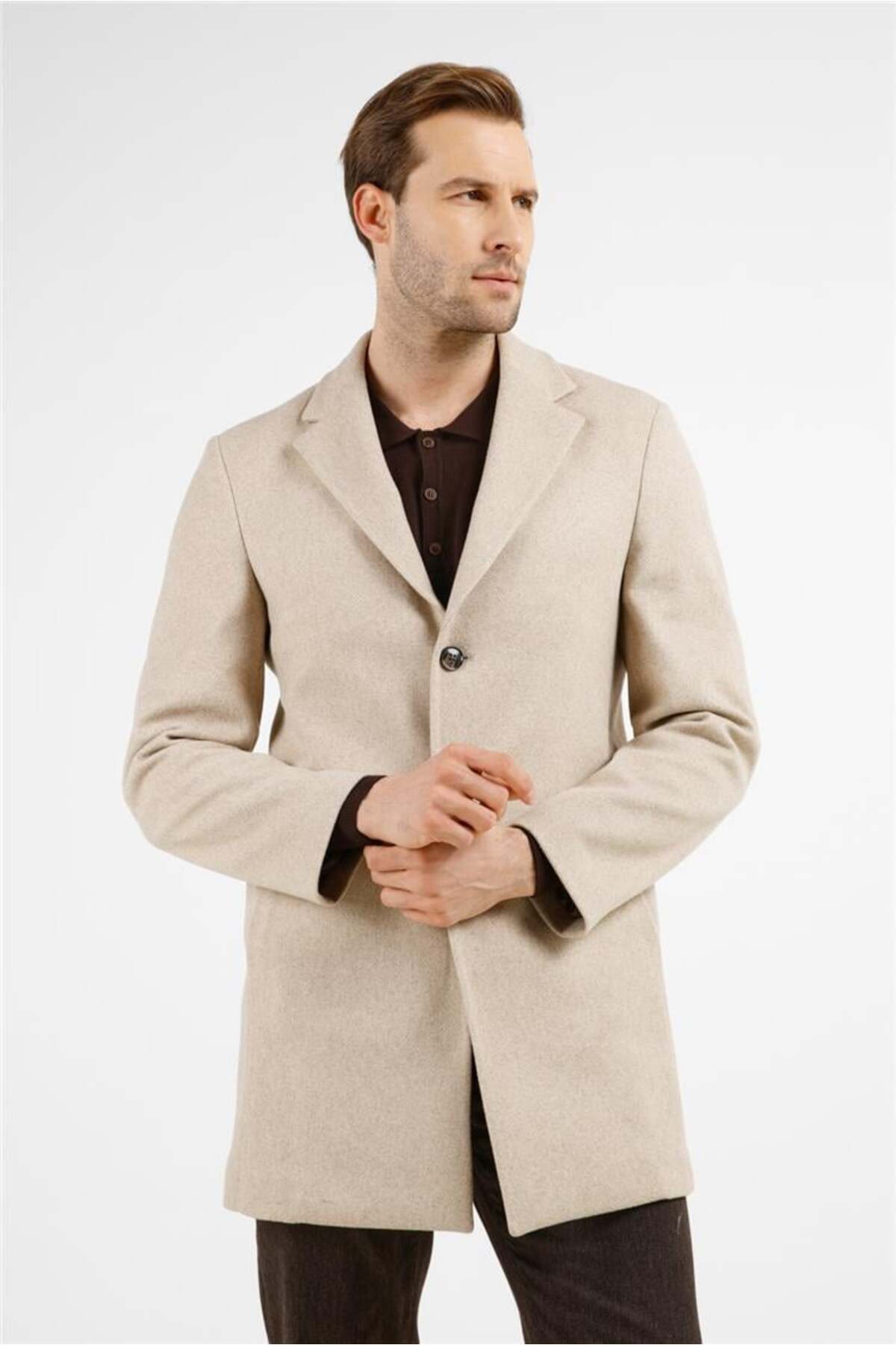 İmza Bej Mono Yaka Esnek Slim Fit Classic Kaşe Palto 1005255101 — رنگارنگ