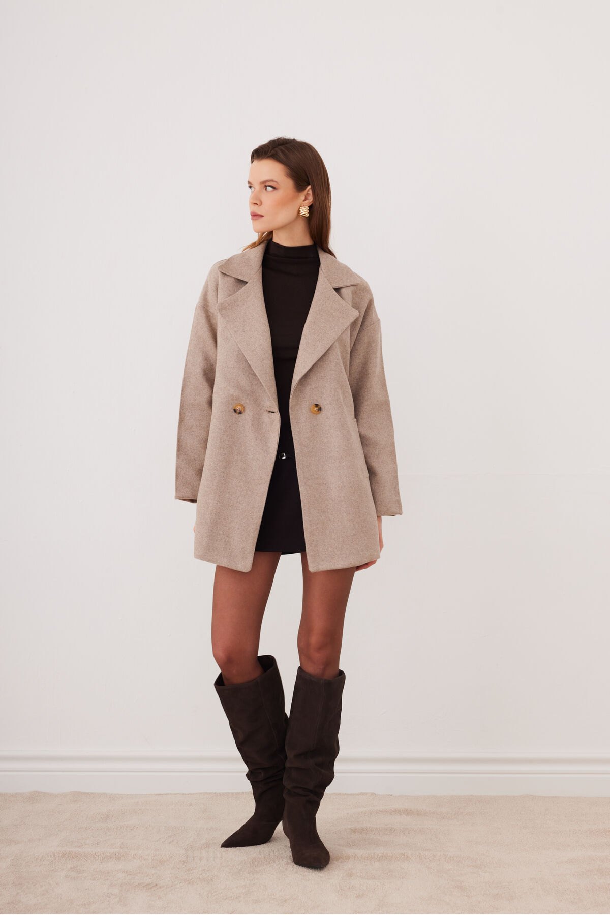 SevdeUgur  Kadın Soğuk Kahve Mocha Oversize Astarlı Kaşe Kaban - Sevde Ugur - Görsel 3