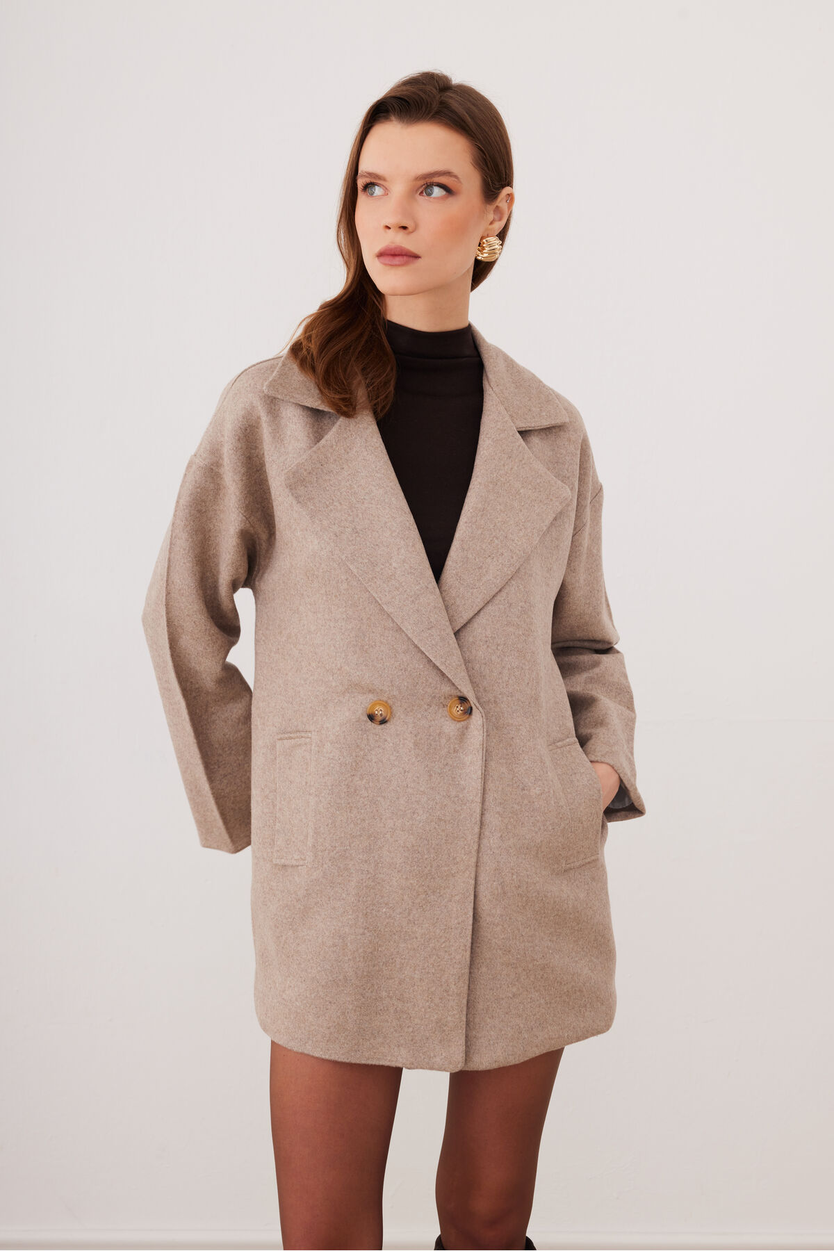 SevdeUgur  Kadın Soğuk Kahve Mocha Oversize Astarlı Kaşe Kaban - Sevde Ugur - Görsel 5