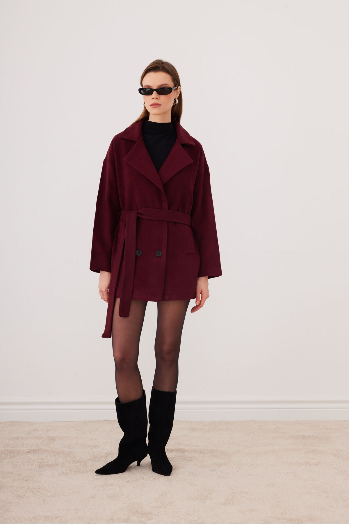 SevdeUgur  Kadın Bordo Oversize Kısa Kaşe Kaban Kemerli Astarlı - Sevde Ugur - Görsel 7