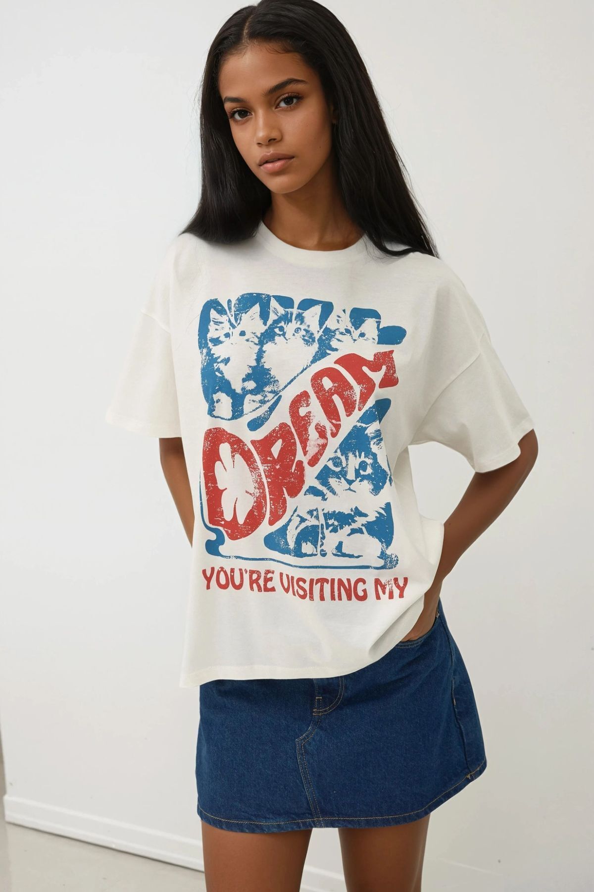 Hiccup Kadın %100 Pamuk Bisiklet Yaka Oversize Beyaz Baskılı T-Shirt görsel 7