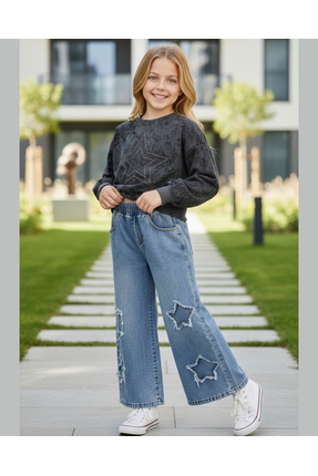 Asliva fashion Kız Çocuk Antrasit Yıldız Desenli Sweatshirt ve Yıldız Nakışlı...