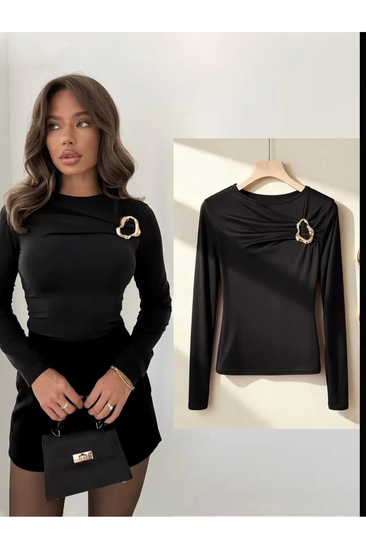 World Fashion Trends Пясъчна блуза с дълги ръкави и детайл с катарама