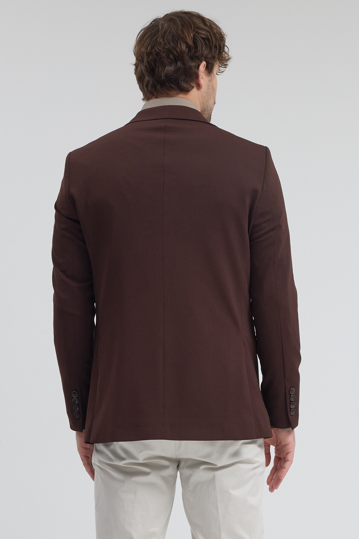 Frappoli  Pique Erkek Kahve Sivri Yaka Esnek Poliviskon Kumaşlı Slim Fit Spor Blazer Ceket - Görsel 8