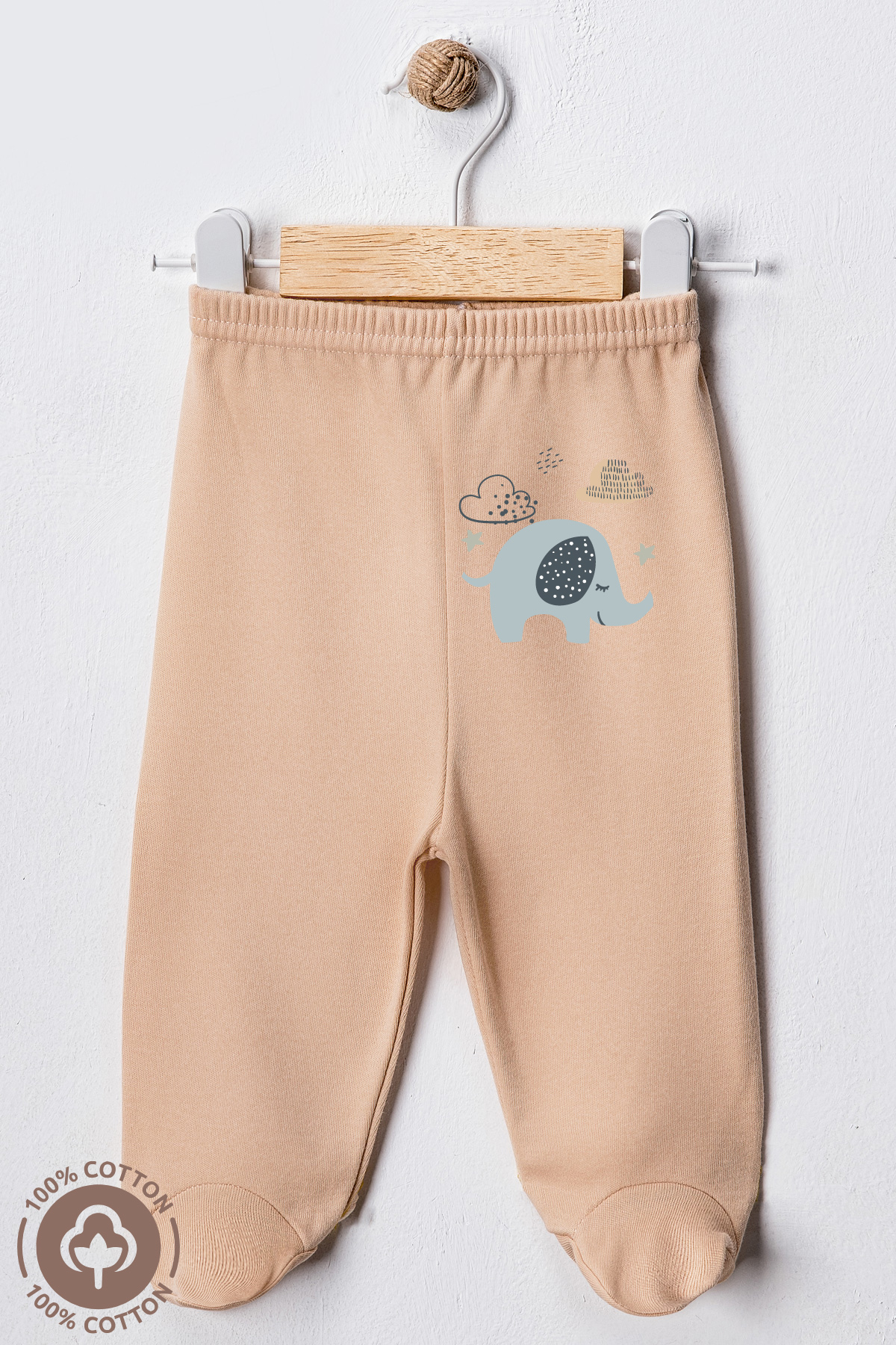 Miniel Unisex Bebek Penye Organik Pamuklu Fil Baskılı 0-6 Ay Patikli Bebek Tek Alt 3'lü Set fotoğrafı 2 (önizleme)