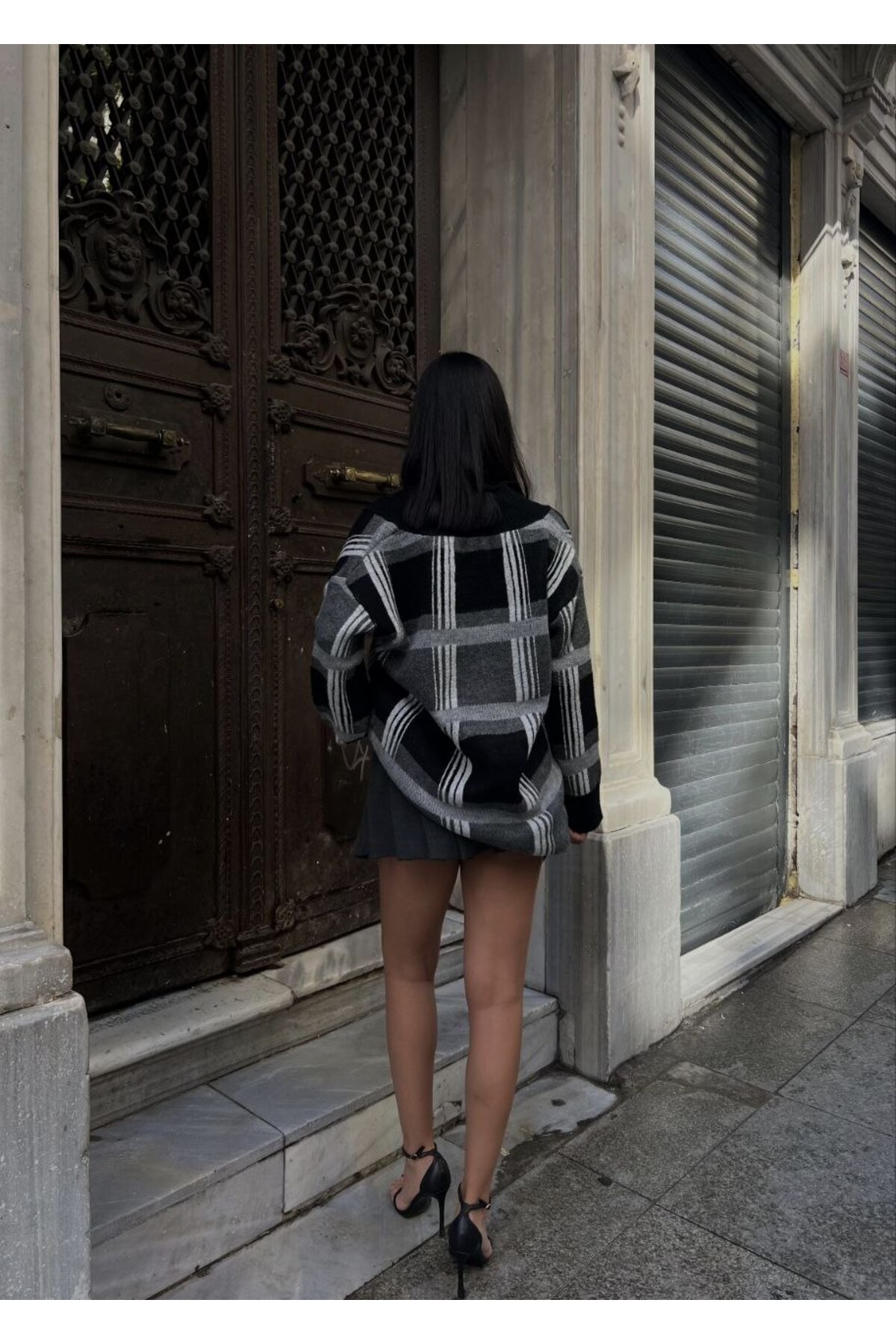 elbisereyonda  ekose v yaka triko tunik kazak - Görsel 3