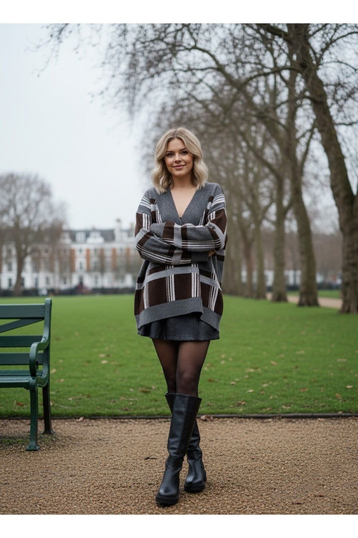 elbisereyonda  ekose v yaka triko tunik kazak - Görsel 3