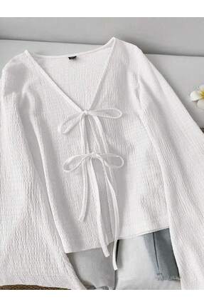 MOONBULL Kadın Önü 2 Yerden Bağlama Detaylı İspanyol Kol Bürümcük Bluz