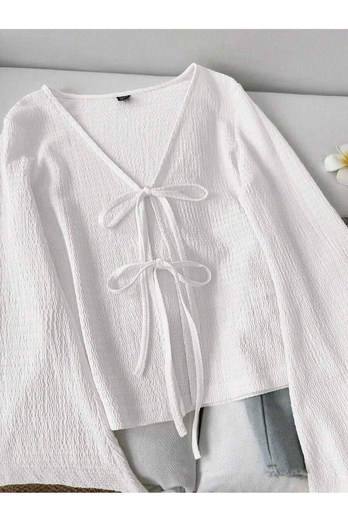 MOONBULL  Kadın Önü 2 Yerden Bağlama Detaylı İspanyol Kol Bürümcük Bluz